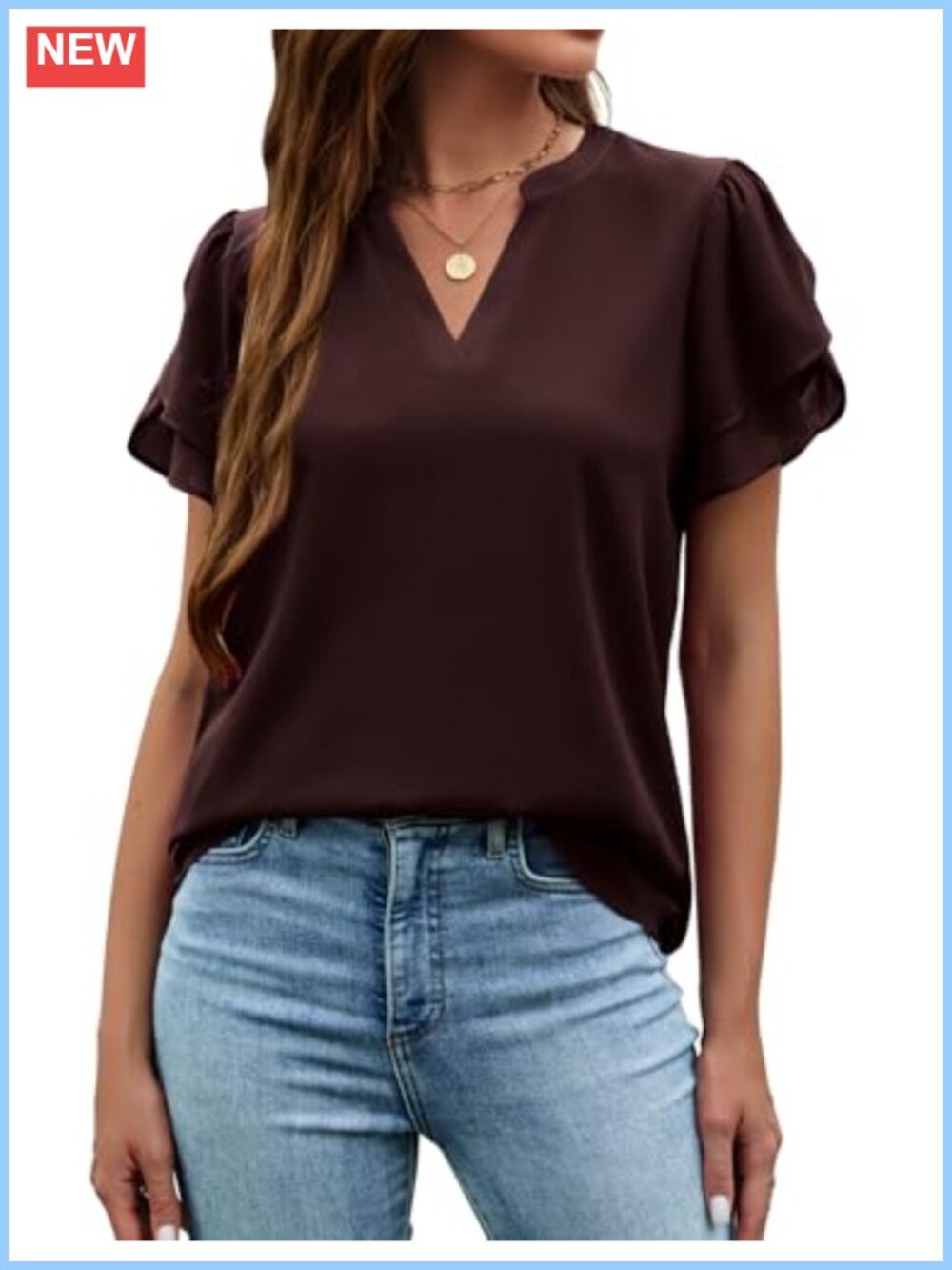Women's Petal Ruffle Short Sleeve V Neck Blouse Business Casual Work Top